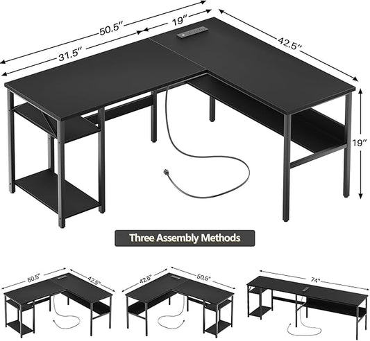 Reversible L Shaped Computer Desk with Magic Power Outlet, Sturdy Office Corner Desk, L Shape Gaming Table with Storage Shelf, Black