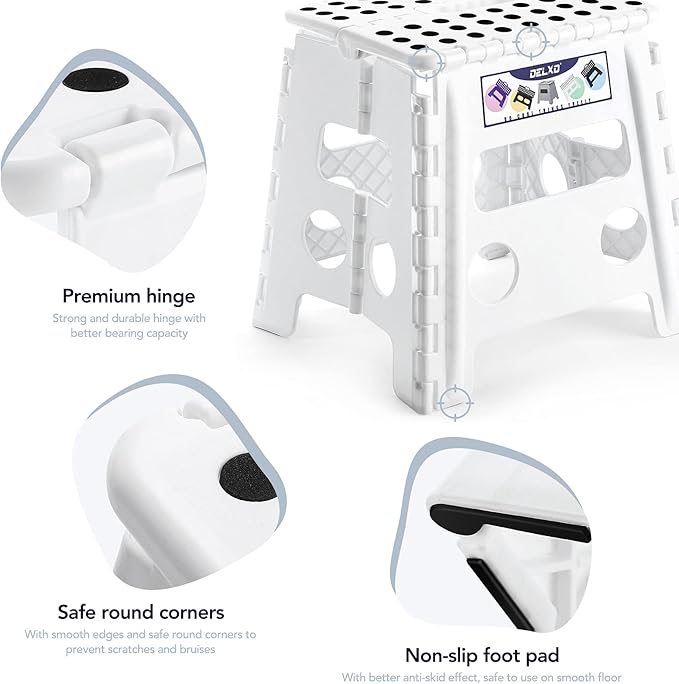 Delxo 13" Folding Step Stool, Non-Slip Foldable Step Stools with Handle,Plastic Portable Folding Stool for Bathroom,Bedroom,Kitchen,Hold up to 300lbs White