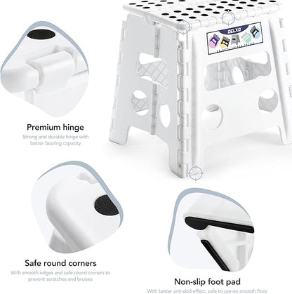 Delxo 13" Folding Step Stool, Non-Slip Foldable Step Stools with Handle,Plastic Portable Folding Stool for Bathroom,Bedroom,Kitchen,Hold up to 300lbs White