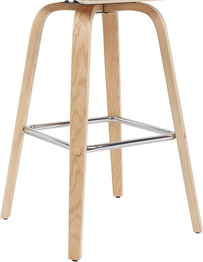 Vienna Modern Swivel Bar Height Stool with White Faux Leather Seat and Patterned Oak Wood Frame Set of 2