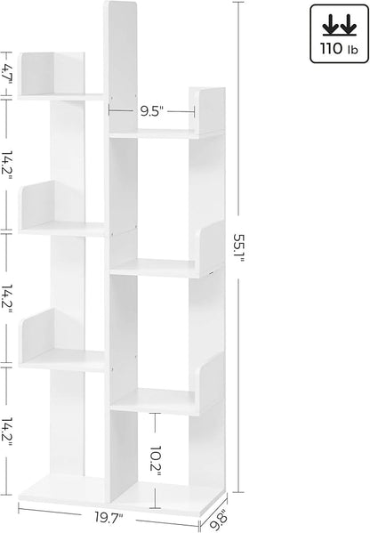 VASAGLE Bookcase, Tree-Shaped Bookshelf with 8 Storage Shelves, Rounded Corners, White 9.8D x 19.7W x 55.1H in, Engineered Wood