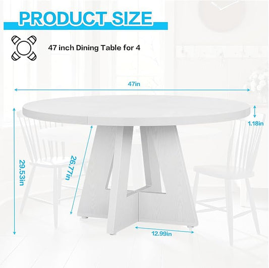 47" Round Dining Table for 4-6, Modern Small Dinner Table Farmhouse Round Kitchen Tables with Wooden Cross Base for Dining Room, Kitchen, Living Room, White