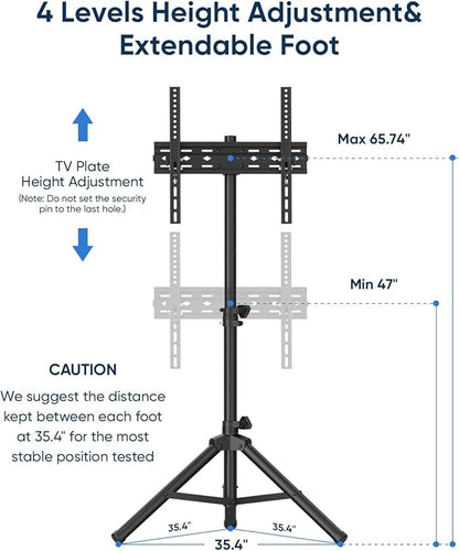 FORGING MOUNT Tripod Portable Floor TV Stand,Foldable Stand Height Adjustable for Portable Display Floor TV Stand 26-65" Flat Screen/Curved TVs, Holds Up to 77lbs