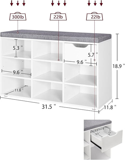 DINZI LVJ Shoe Bench,Entryway Storage Bench with Drawer and 8 Cubbies,Cubby Rack Adjustable Shelves,Shoe Organizer Cabinet for Living Room,Bedroom,Mudroom,Closet Garage,White