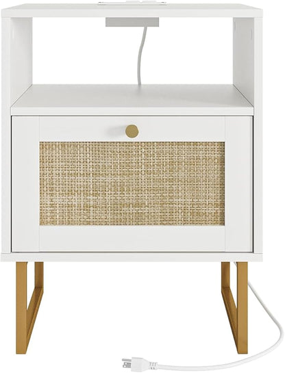 Rattan Nightstand with Charging Station, Boho Night Stand Farmhouse Wood Bedside Table with Storage and Open Shelf, End Side Accent Table for Bedroom,Living Room,White