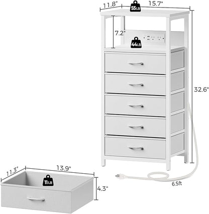 Seventable Night Stand with Charging Station, Tall Nightstand with 5 Fabric Storage Drawers, Side Table with LED Light for Bedroom, Entryway, White, Set of 2