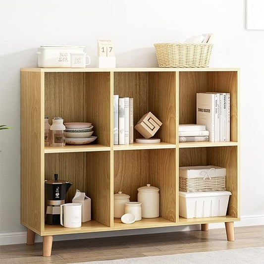 IOTXY Freestanding Open Cubes Bookcase - 2-Tier Floor Standing Wooden Storage Display Cabinet Organizer with Legs for Home Office, 6-Cubes Open Shelf Low Short Bookshelf, Oak