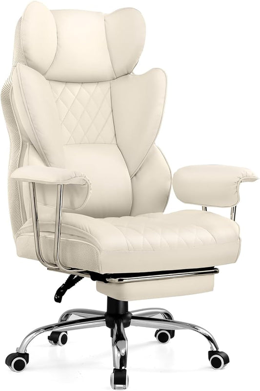 COMHOMA Big and Tall Office Chair, High Back Leather Gaming Chair with Footrest, Executive Ergonomic Office Chairs with Pocket Spring Lumbar Support and with Outward Fixed Soft Armrests