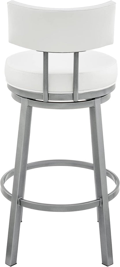 Armen Living Dalza Swivel Counter or Bar Stool in Cloud Finish with White Faux Leather