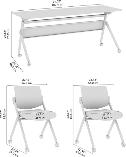 Bush Business Furniture Folding Training Table Set for 2, 72 inch, 2 Mesh Back Folding Chairs, Commercial-Grade Bundle for Office or Classroom, Envision Collection, White