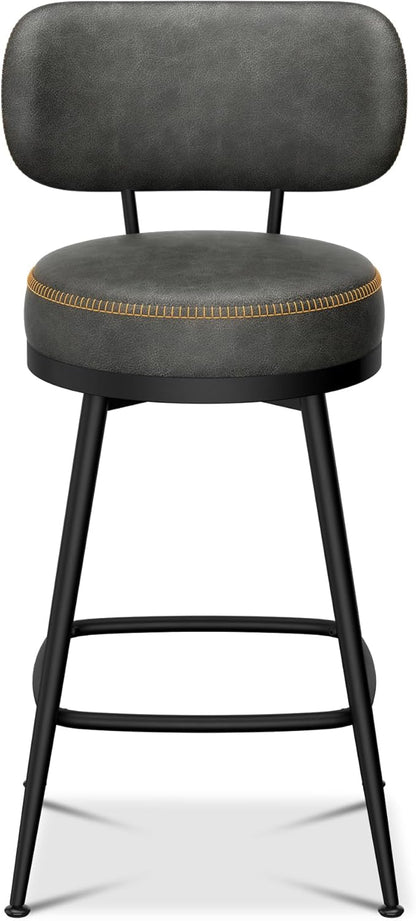 Counter Height Bar Stools, 26" H Swivel Barstools Set of 2, Faux Leather Kitchen Counter Stools with Back and Stylish Stitching, Metal Frame, Pub, Home Bar, Black Grey