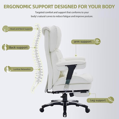 Efomao White Big and Tall Office Chair with Footrest – Ergonomic High-Back Computer Chair with Adjustable Armrests, Wide Seat – Modern Home Office, Gaming & Study Chair for Young Professionals