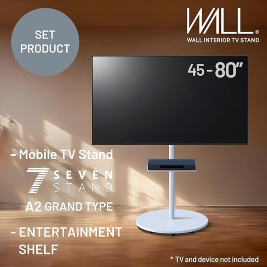 WALL Seven Stand A2 Grand | Rolling TV Stand for 45–80" w/ 15.75" AV Shelf | Satin White | Portable TV Stand with Shelf | Height Adjustable, Space Saving, for Living Room, Bedroom and Office