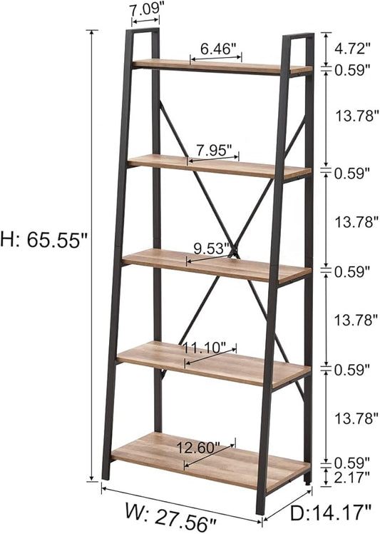 BON AUGURE Industrial 5 Tier Ladder Bookshelf, Wood and Metal Ladder Shelf Bookcase, Farmhouse Leaning Shelves for Living Room (Vintage Oak)