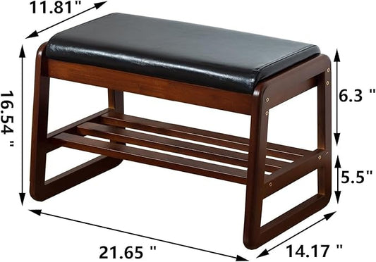 Solid Wood Shoe Bench, 2-Tier Entryway Bench with Cushion and Flip-Open Storage Box, Mid-Century Modern Shoe Bench Rack for Hallway, Mudroom(Black, 21.65'')