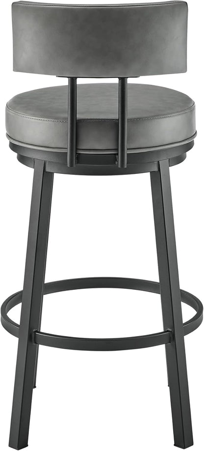 Armen Living Dalza Swivel Counter or Bar Stool in Black Finish with Grey Faux Leather