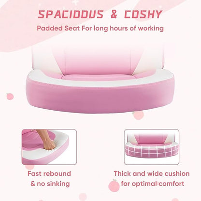OLIXIS Computer Gaming Desk Chair - Big and Tall Ergonomic Lumbar Support with Flip-up Armrest and 360° Swivel Wheels, PU Leather Height Adjustable, for Home and Office, Pink