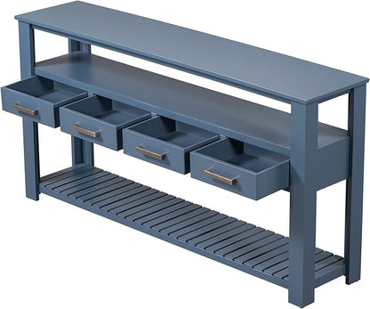 Ball & Cast 62.2“ Contemporary 4 Drawers Console Table, Long Entryway-Table with Drawer & 3 Tier Shelves, FarmhouseWood Storage Sofa Couch-Tables for Entrance Hallway Living, Blue