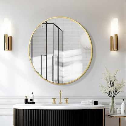Round Mirrors for Wall Decor 28 Inch Gold Mirror Round Bathroom Mirror Matte Gold Wall Mirror Brushed Metal Frame Anti-Rust Tempered Glass for Bathroom Bedroom Living