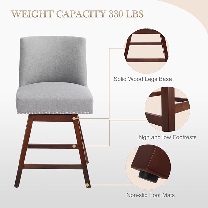 Counter Height Barstools Set of 6,360° Swivel Bar Stools with Back,26 inch Modern Counter barstools,Upholstered Bar Tall Stools for Kitchen Counter,Kitchen Island,Bar, Home (Light Gray, SET OF 6)