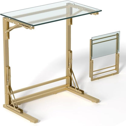 Tatub 24" Folding TV Tray Table, Glass C Shaped End Table for Couch, Small Sofa-Side Laptop Desk with Gold Metal Frame for Living Room, Bedroom, Bedside