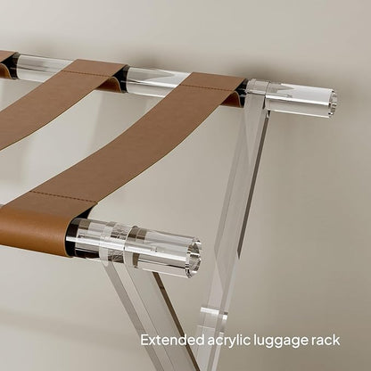 Sumerflos Acrylic Luggage Rack for Guest Room - Foldable Suitcase Stand with Leather Straps for Bedroom Living Room Hotel Heavy-Duty, Holds up to 50-100 lb lightweight Space Saving (Brown & Handle - 1 Pcs)