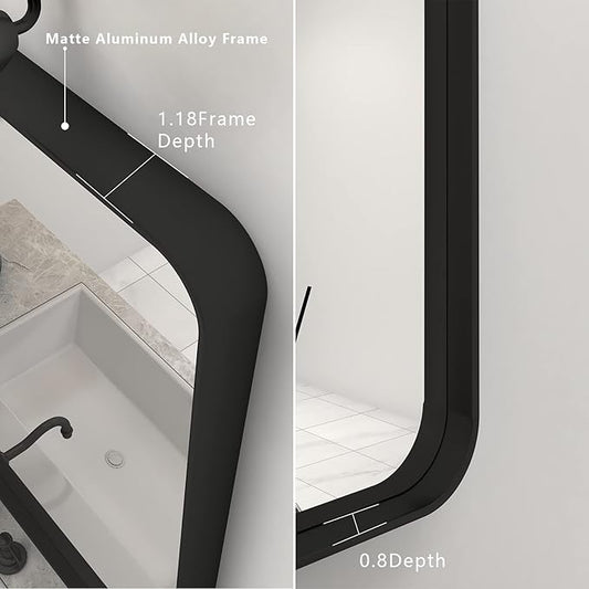 22x30 Inch Black Metal Framed Bathrrom Mirror for Wall, Matte Black Rectangle Mirror, Rounded Corner, Anti-Rust (Horizontal/Vertical)