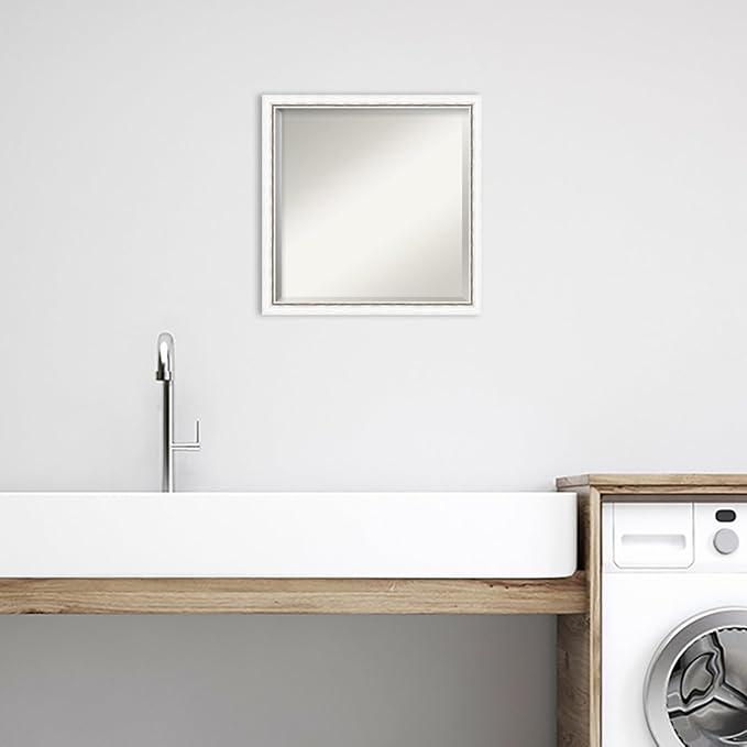 Amanti Art White Bathroom Mirror for Over Sink, 22x22 Morgan White Silver Square Vanity Mirror, Medium Modern Contemporary Wood Frame, Hangs Horizonally and Vertically, Bathroom Wall Decor, Beveled