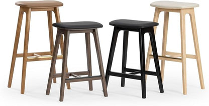 Plank+Beam Beryl Bar Height Stool - Mid-Century Modern Rubberwood Bar Stool with Faux Leather Seat, Metal Footrest, Easy Assembly, 4-Pack, Pecan/Toffee