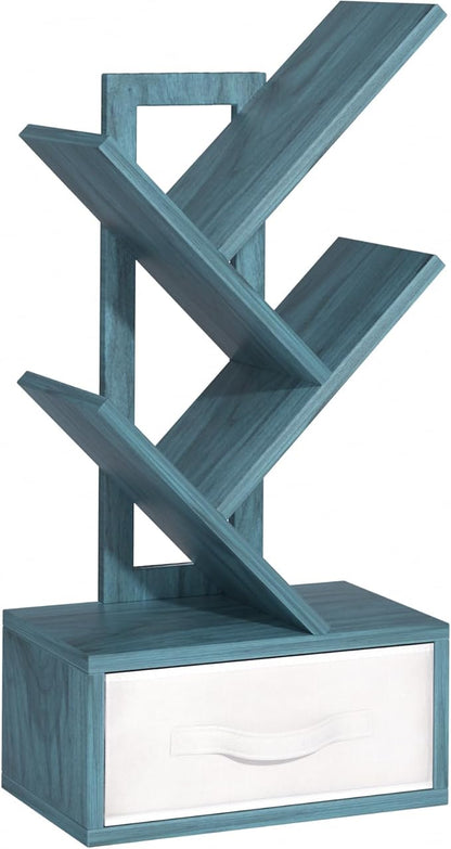 Small Book Shelf with Drawer,4 Tier Black Tree Bookshelf,Blue Desktop Bookcase,Modern Desk Display Storage Bookshelves,Floor Standing Organizer Bookcases for Living Room,Bedroom,Office