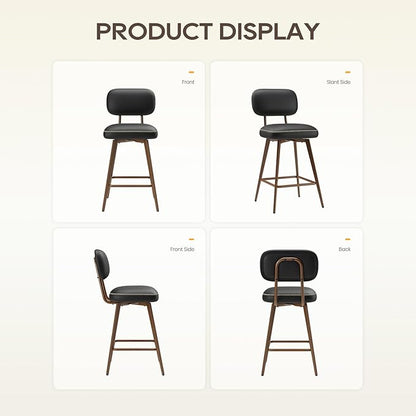 Swivel Bar Stools Set of 3, Mid Century PU Leather Counter Height Bar Chairs with Low Back and Metal Legs, Modern Bar Stool Chair for Kitchen Island, Black