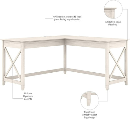 Bush Furniture Key West 60W Modern Farmhouse L Shaped Desk in Linen White Oak | 60-Inch Corner Table for Home Office