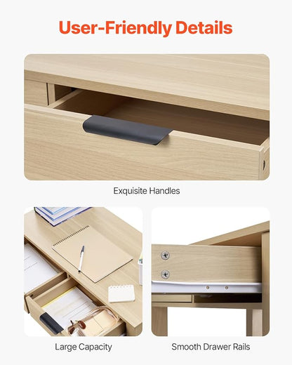 VEVOR Small Desk with Drawers, Wooden Table for Home Office, Small Computer Desk with Storage, Vanity Desk with Drawers, Study Table for Adults/Students for Drawing, Reading, Writing, Light Wood