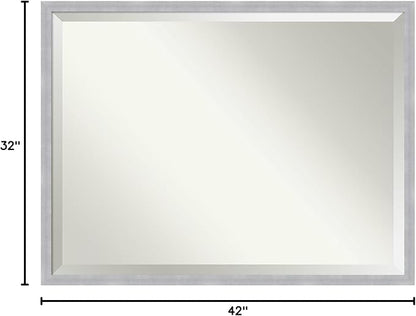 Amanti Art Silver Bathroom Mirror for Over Sink, 32x42 Grace Brushed Nickel Narrow Rectangle Vanity Mirror, X-Large Modern Frame, Hangs Horizonally and Vertically, Bathroom Wall Decor, Beveled Edge