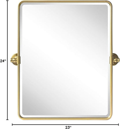 TEHOME 20 x 24 inch Farmhouse Gold Metal Framed Pivot Rectangle Bathroom Mirror Rounded Rectangluar Tilting Beveled Vanity Mirrors for Wall