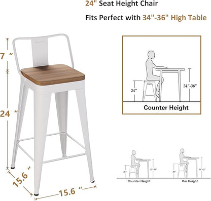 WENTMENT Metal Bar Stools Set of 4 Counter Height Stools Barstools with Removable Back 24" Kitchen Bar Stools with Wooden Seat, White