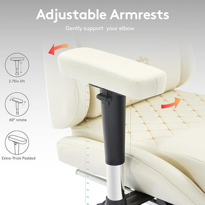 Gaming Chair,Computer Office Chair with Footrest,Massage Lumbar Support and Gel Pad,Ergonomic Reclining Leather Gamer Chair with Headrest,Adjustable Armrests and Spring Cushion Ivory
