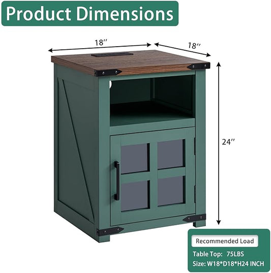 Farmhouse Nightstand with Charging Station, Rustic End Table with Tempered Glass Barn Door, Wood Sofa Side Bedside Table with Open Storage Shelf for Living Room, Bedroom, Green