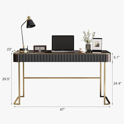 Lartis Modern Office Desk with Drawers,Glass Top Makeup Vanity Without Mirror Built-in USB Outlet Dressing Table Home Office Desk with Intelligent Socket,Very Easy to Assemble