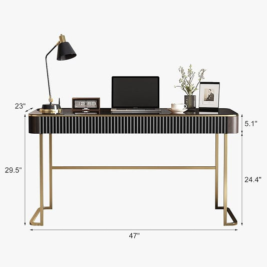 Lartis Modern Office Desk with Drawers,Glass Top Makeup Vanity Without Mirror Built-in USB Outlet Dressing Table Home Office Desk with Intelligent Socket,Very Easy to Assemble
