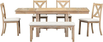 Ball & Cast Farmhouse 6 Piece Extendable Dining Table with Footrest,Living Room Furniture w/ 4 Upholstered Dining Chairs & Dining Bench,2 11" Removable Leaf,for Dining Room & Kitchen,Natural+Beige
