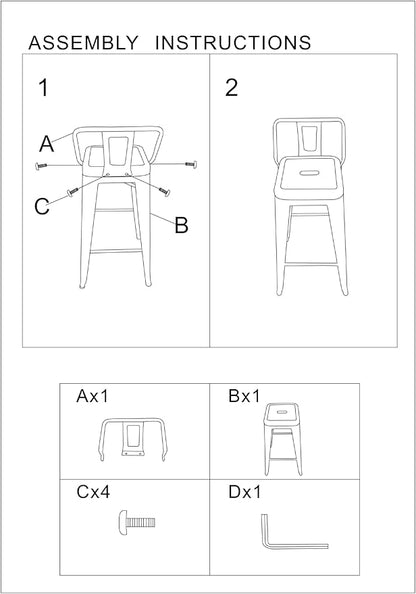 AC Pacific 30” Metal Barstool Set of 2 – Country Rustic Style with Low Back, Lightweight & Sturdy Build, Easy Assembly – Distressed Snow White