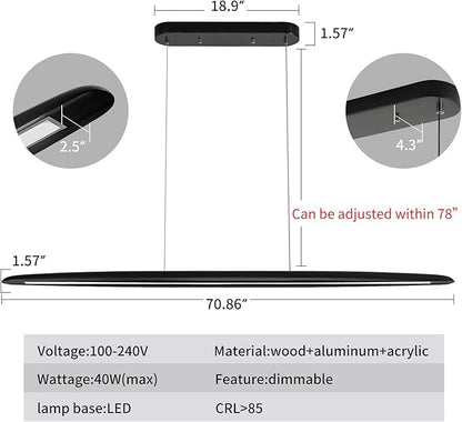 71" Wood Linear Pendant Light Black Linear Pendant Dinning Room Hanging Lights LED Dimmable Chandeliers 50w for Dining Room Pool Table Lights Kitchen Island Light Black