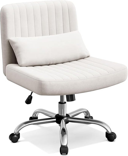 Warmiehomy Criss Cross Office Chair with Wheels, Velvet Cross-Legged Desk Chairs for Home, Height Adjustable Swivel Wide Seat Computer Chair, Modern Armless Vanity Chair for Girls Women, White