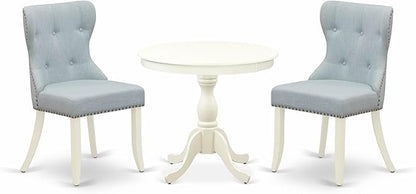 East West Furniture AMSI3-LWH-15 3 Piece Dining Table Set for Small Spaces Contains a Round Kitchen Table with Pedestal and 2 Baby Blue Linen Fabric Parsons Chairs, 36x36 Inch, Linen White