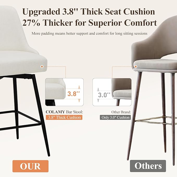 COLAMY Bar Stools Set of 2, 26.18" Counter Height Swivel Stools with Thick Padded Seat, Adjustable Footrest & 360° Rotation, Soft Fabric Upholstery for Kitchen Island/Home Bar/Cafe, Beige
