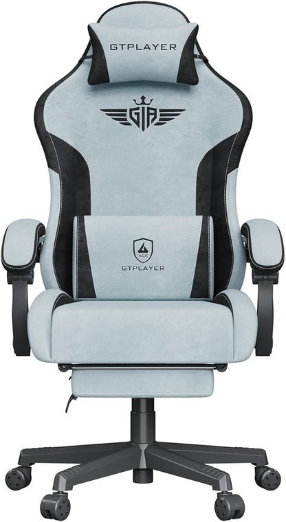 GTPLAYER Gaming Chair with Footrest, Big and Tall Game Chair High Back Computer Office Chair with Lumbar Support for Adults, Ergonomic Swivel Games Chair with Cushion Gaming Velvet Fabric Light Blue