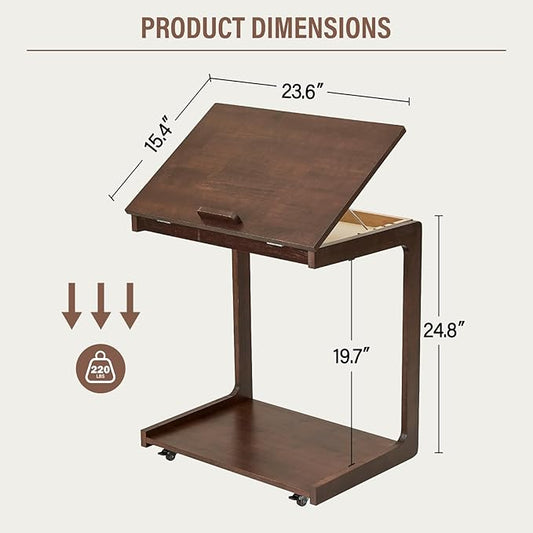 CozyDH Adjustable C Shaped End Table, Rolling Side Table Solid Wood TV Sofa Tray Table for Couch Arm Eating Multi-Purpose, Small Coffee Table with Wheels Living Room Bedroom, Dark Walnut