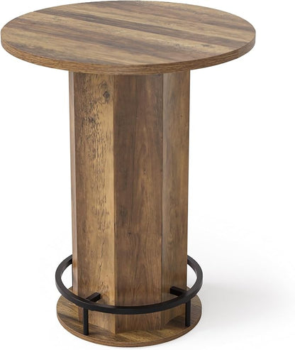 LITTLE TREE Round Bar Table, 39.4" H Wooden Bistro Pub Table with Round Metal Footrest, Small Pub Cocktail Table for Dining Coffee Living Room, Apartment, Balcony, Rustic Brown
