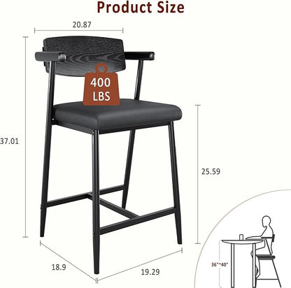 GarveeHome Counter Height Bar Stools Set of 2 with Arms, 26" Upholstered Modern Bar Stools Set with Wood Back & Footrest for Kitchen Island, Counter Bar, Wider Seat, Easy Assembly,Retro Black